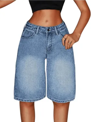 MakeMeChic Women's Y2k Straight Leg Denim Shorts High Waisted Zip Up Knee Length Vintage Casual Jean Shorts