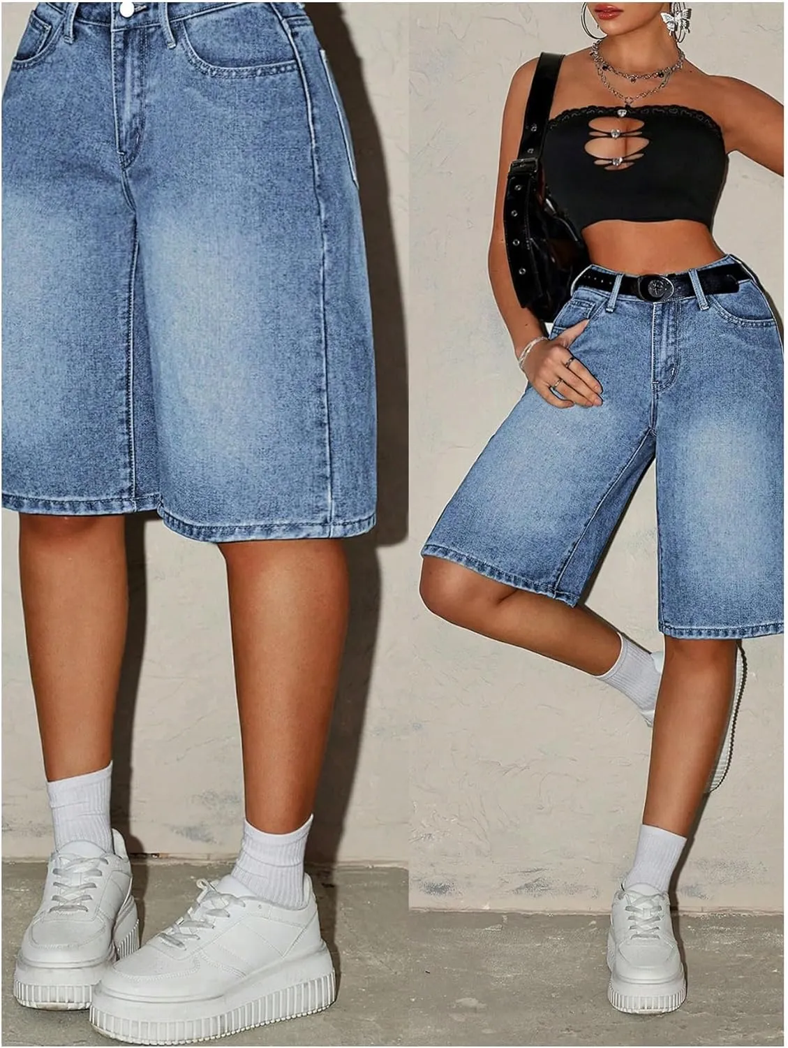 MakeMeChic Women's Y2k Straight Leg Denim Shorts High Waisted Zip Up Knee Length Vintage Casual Jean Shorts