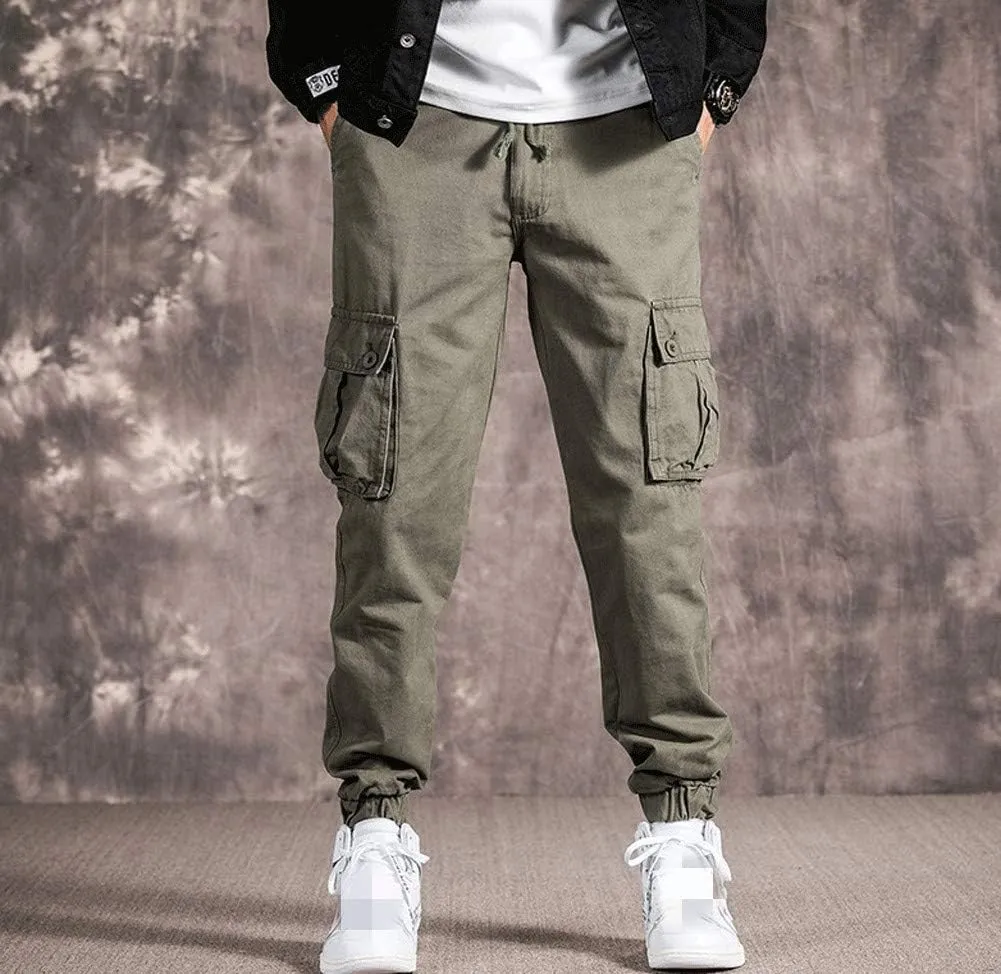 Mens Casual Cargo Jogger Elastic Waist Hip Hop Punk Cargo Pants with Multi-Pockets