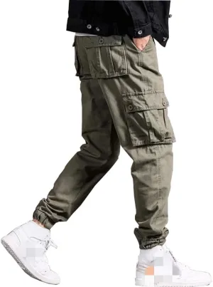 Mens Casual Cargo Jogger Elastic Waist Hip Hop Punk Cargo Pants with Multi-Pockets