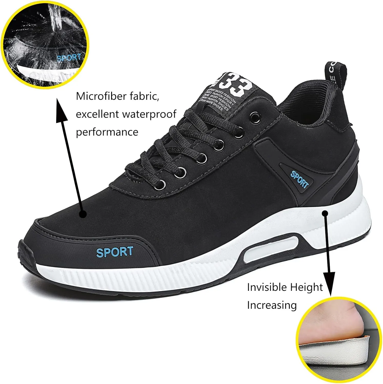 Men's Elevator Sneakers Invisible Height Increasing Leather Upper Lace up Fashion Sneakers