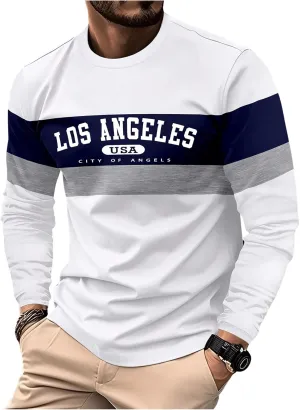 Men's Long Sleeve Graphic Tees Color Block Letter Print Tee Shirts Casual Vintage Tops Streetwear