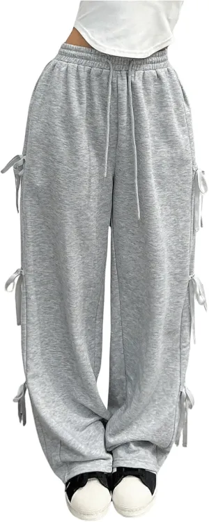 Milumia Women's Bow Tie Side Elastic High Waisted Wide Leg Loose Fit Sweatpants