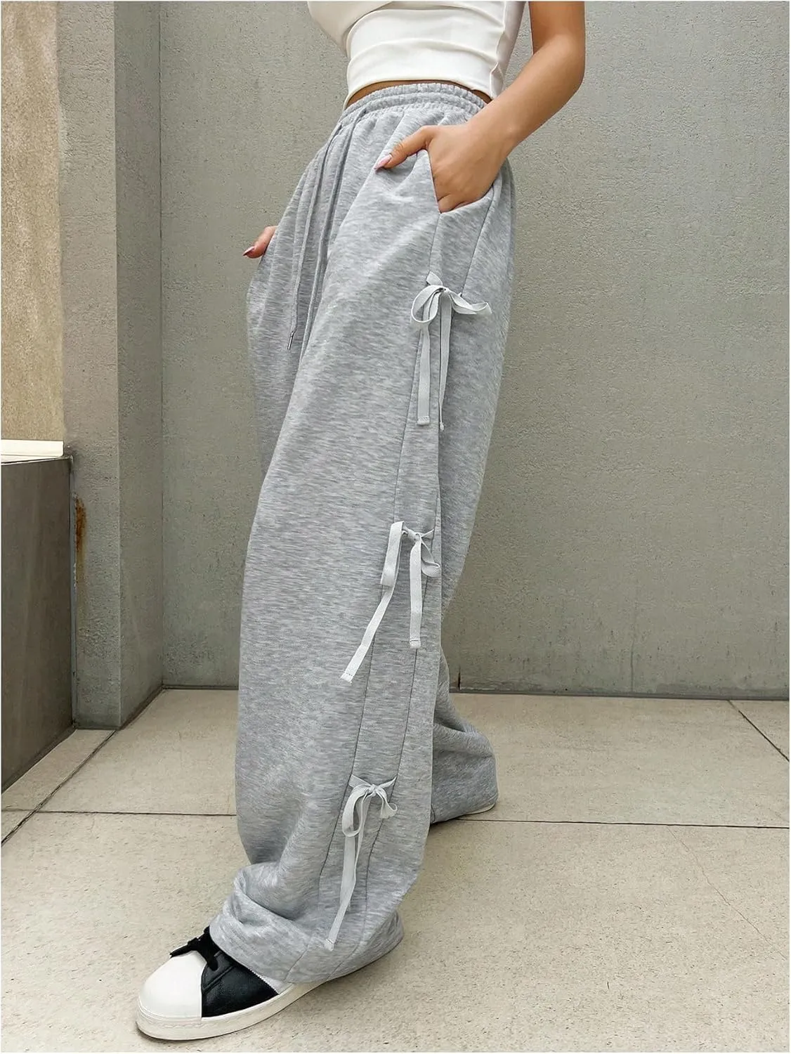 Milumia Women's Bow Tie Side Elastic High Waisted Wide Leg Loose Fit Sweatpants