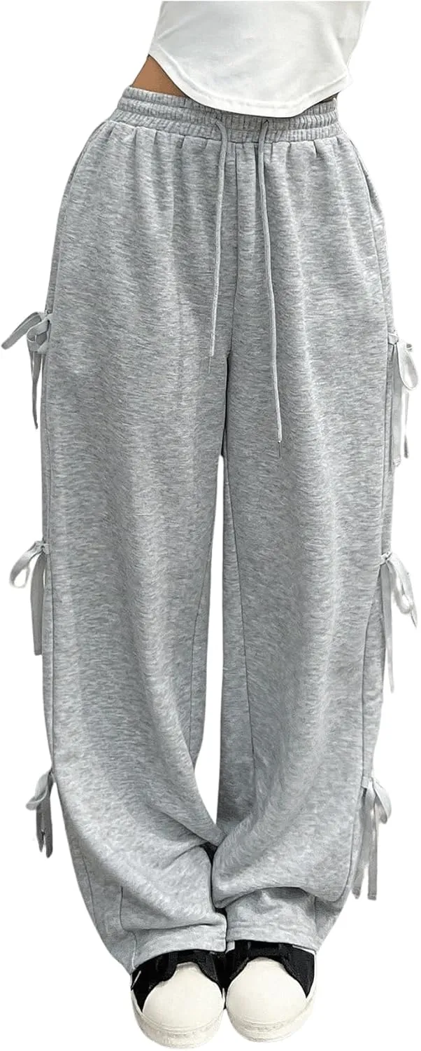 Milumia Women's Bow Tie Side Elastic High Waisted Wide Leg Loose Fit Sweatpants