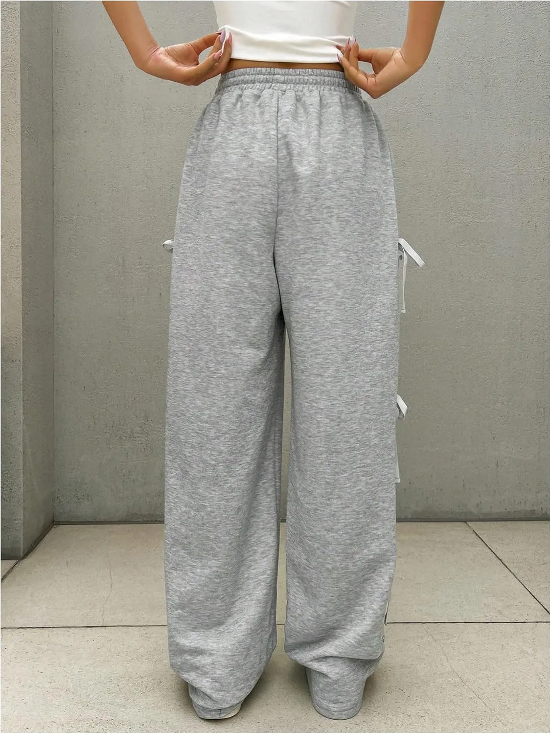 Milumia Women's Bow Tie Side Elastic High Waisted Wide Leg Loose Fit Sweatpants