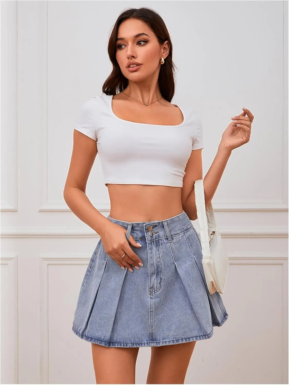 Milumia Women's Pleated Denim Skirt Trendy High Waisted Mini Jean Skater Skirts
