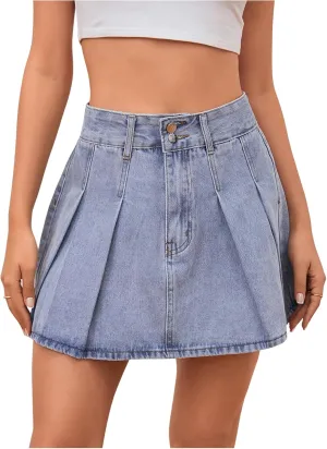 Milumia Women's Pleated Denim Skirt Trendy High Waisted Mini Jean Skater Skirts