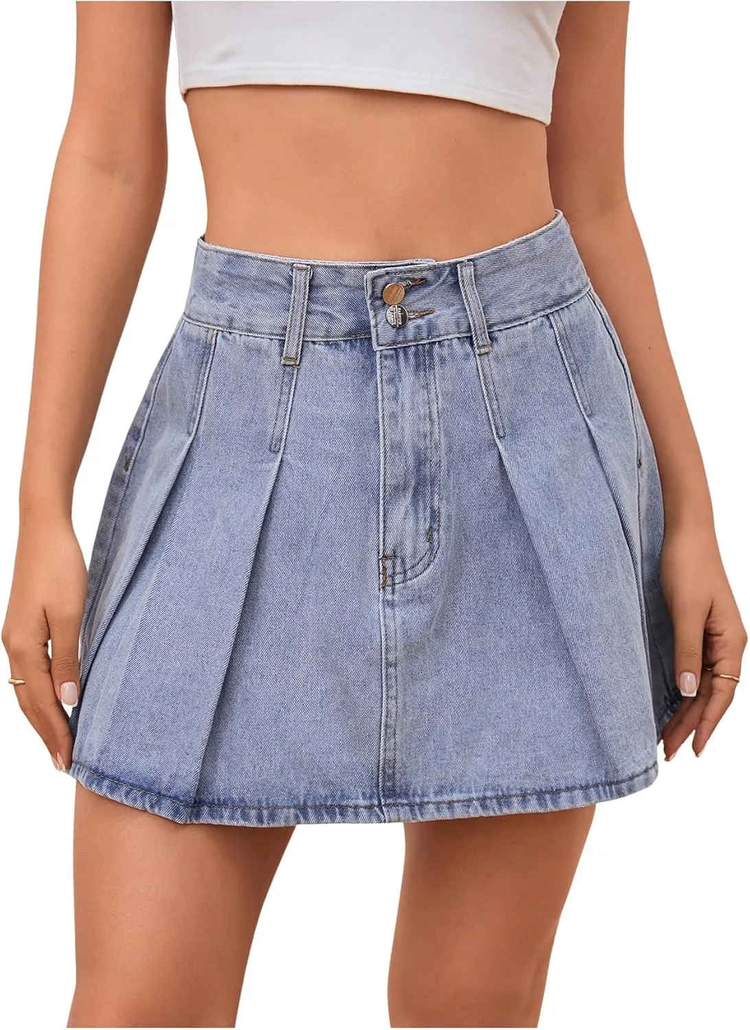 Milumia Women's Pleated Denim Skirt Trendy High Waisted Mini Jean Skater Skirts