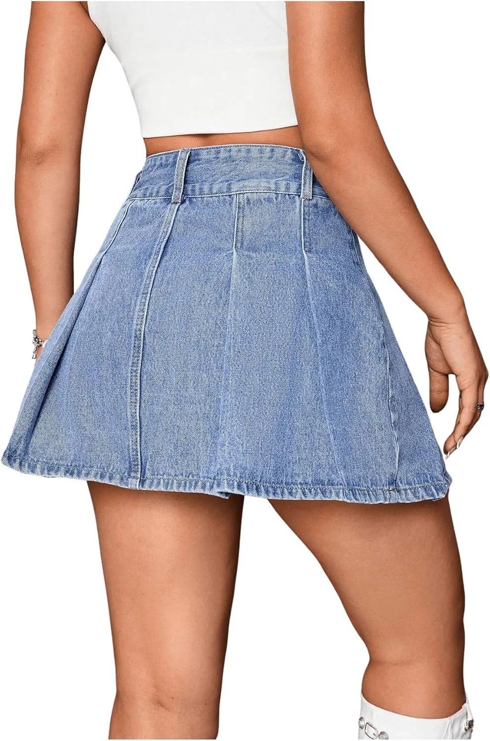 Milumia Women's Pleated Denim Skirt Trendy High Waisted Mini Jean Skater Skirts