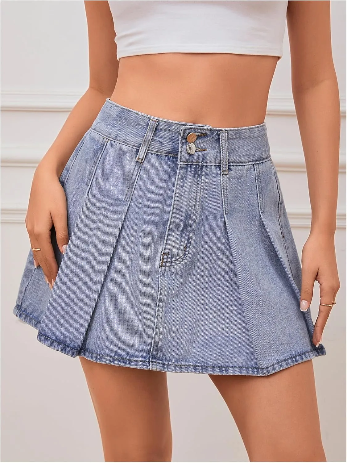 Milumia Women's Pleated Denim Skirt Trendy High Waisted Mini Jean Skater Skirts