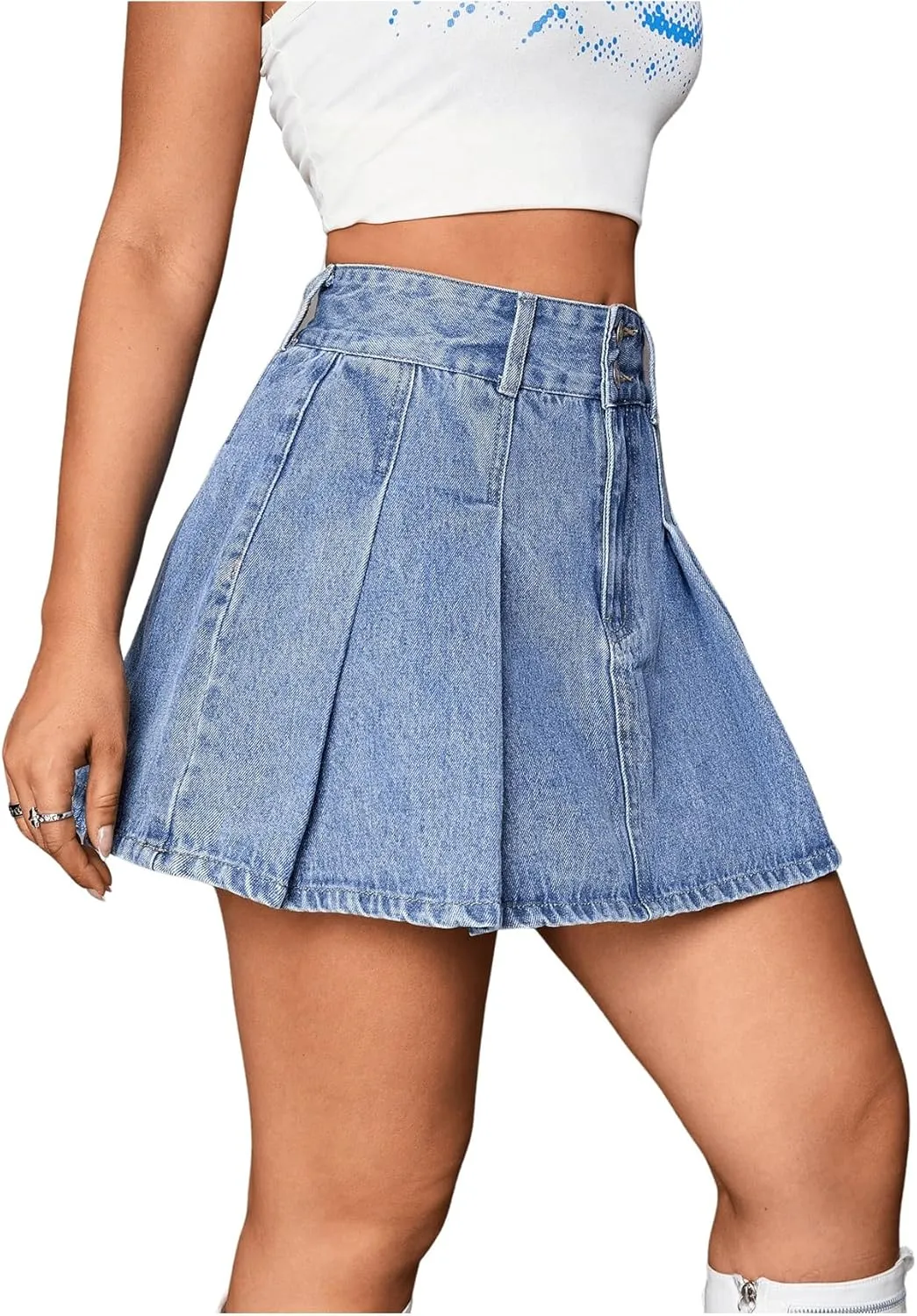 Milumia Women's Pleated Denim Skirt Trendy High Waisted Mini Jean Skater Skirts