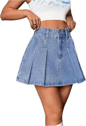 Milumia Women's Pleated Denim Skirt Trendy High Waisted Mini Jean Skater Skirts
