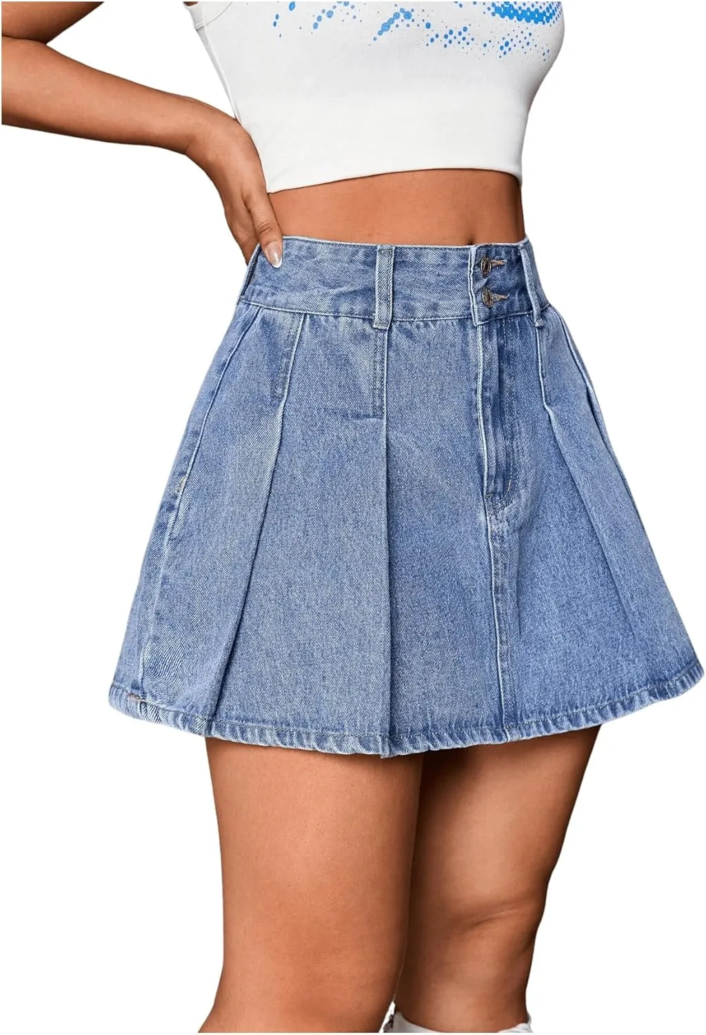 Milumia Women's Pleated Denim Skirt Trendy High Waisted Mini Jean Skater Skirts