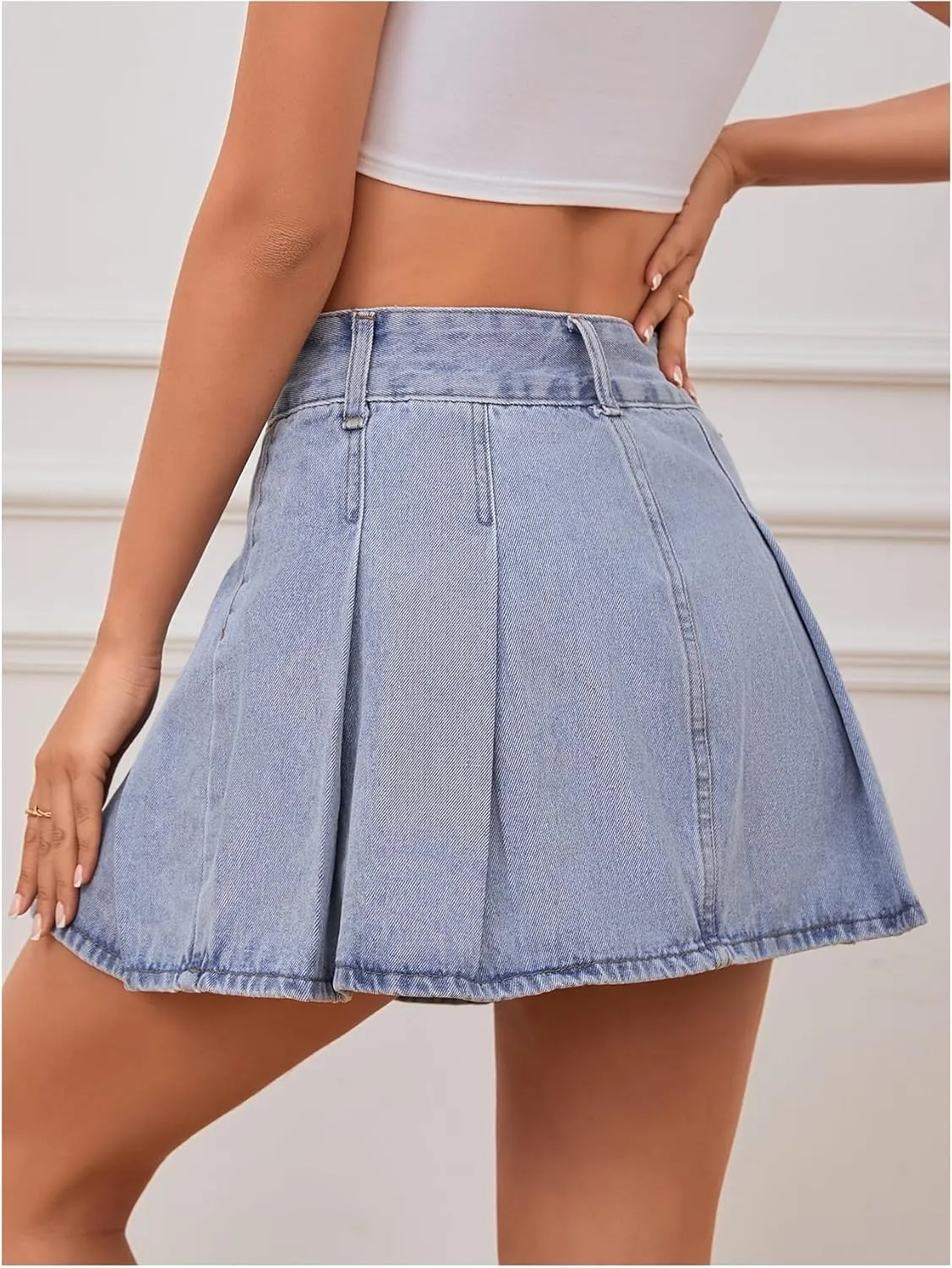 Milumia Women's Pleated Denim Skirt Trendy High Waisted Mini Jean Skater Skirts