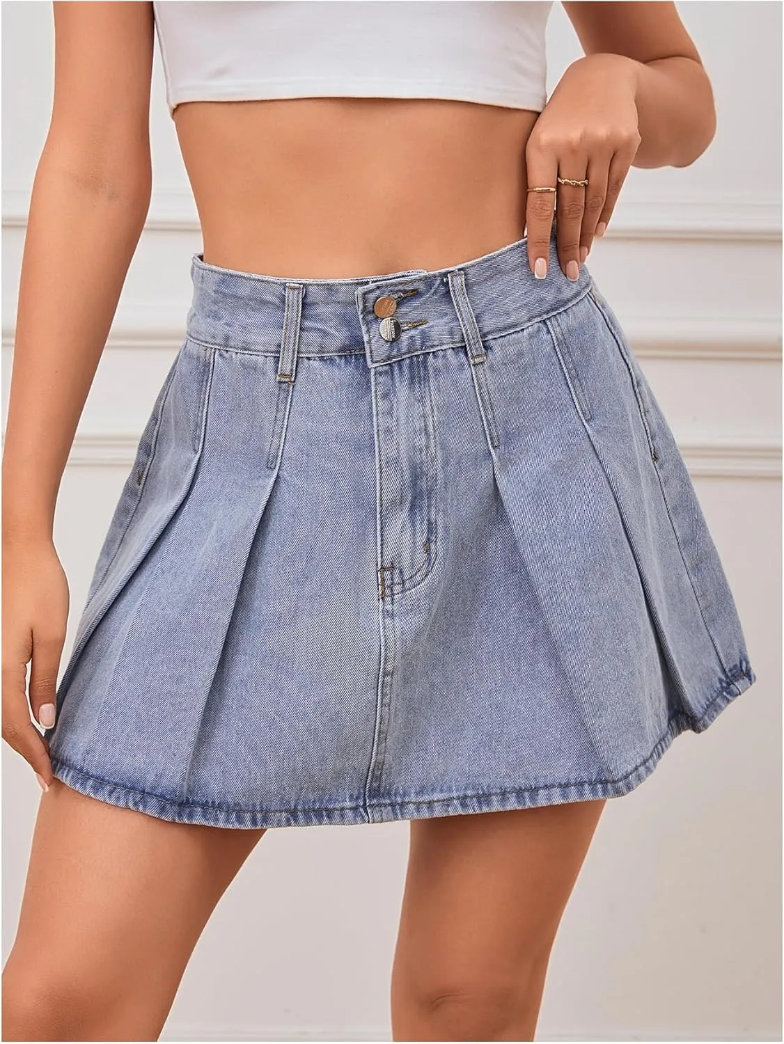 Milumia Women's Pleated Denim Skirt Trendy High Waisted Mini Jean Skater Skirts