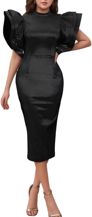 ONTINVA Satin High Neck Ruffled Tiered Sleeves Midi Dresses for Women Elegant High Waist Formal Party Cocktail Dress