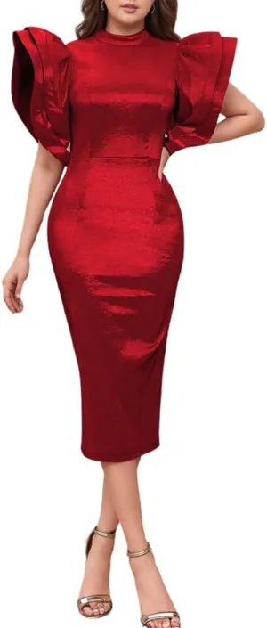 ONTINVA Satin High Neck Ruffled Tiered Sleeves Midi Dresses for Women Elegant High Waist Formal Party Cocktail Dress