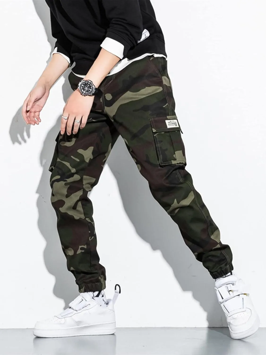 OYOANGLE Men's Camo Casual Joggers Pants Tapered Streetwear Pant Work Hiking Pants with Pockets