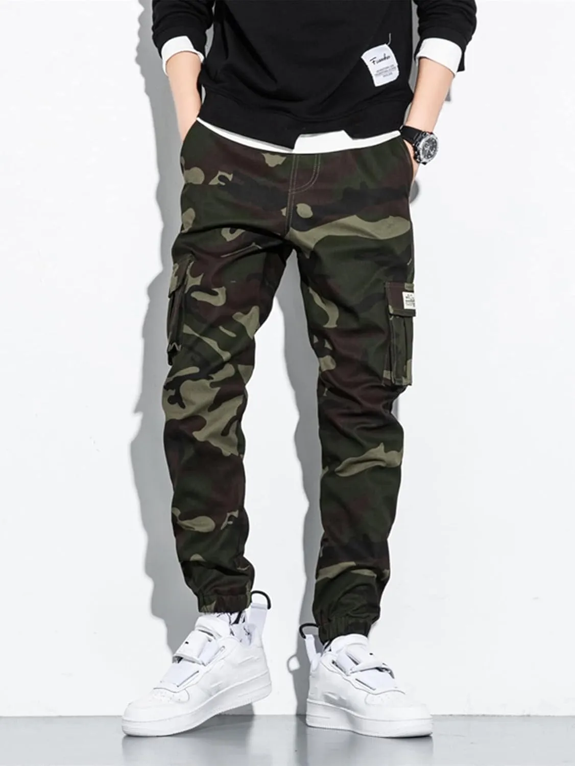 OYOANGLE Men's Camo Casual Joggers Pants Tapered Streetwear Pant Work Hiking Pants with Pockets