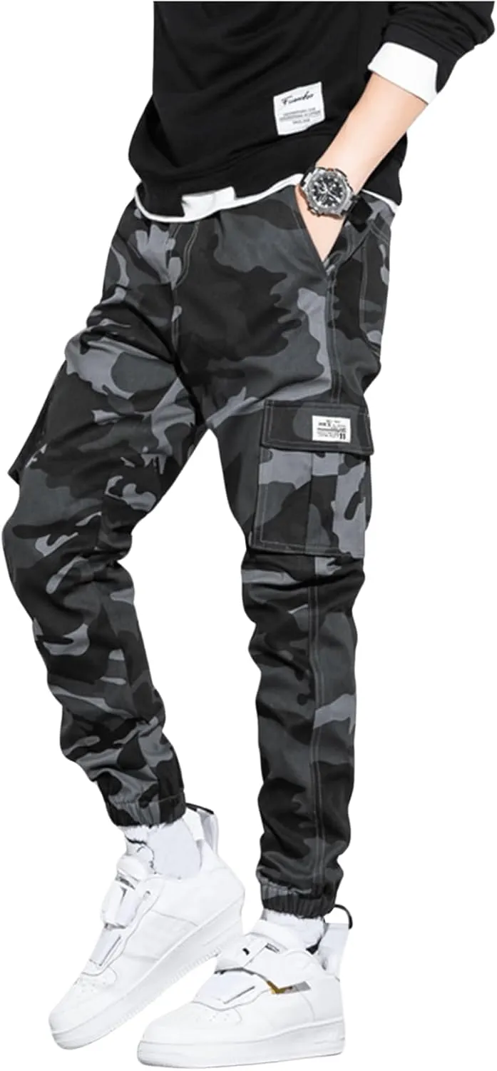 OYOANGLE Men's Camo Casual Joggers Pants Tapered Streetwear Pant Work Hiking Pants with Pockets