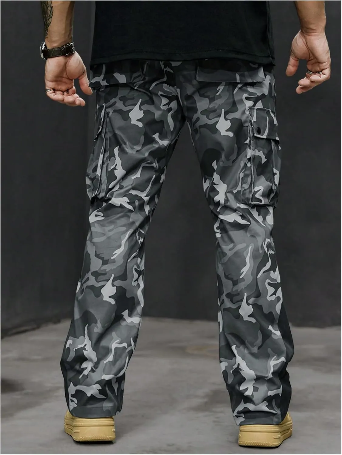 OYOANGLE Men's Camo Print Drawstring Waist Casual Baggy Cargo Pants Streetwear with Pocket