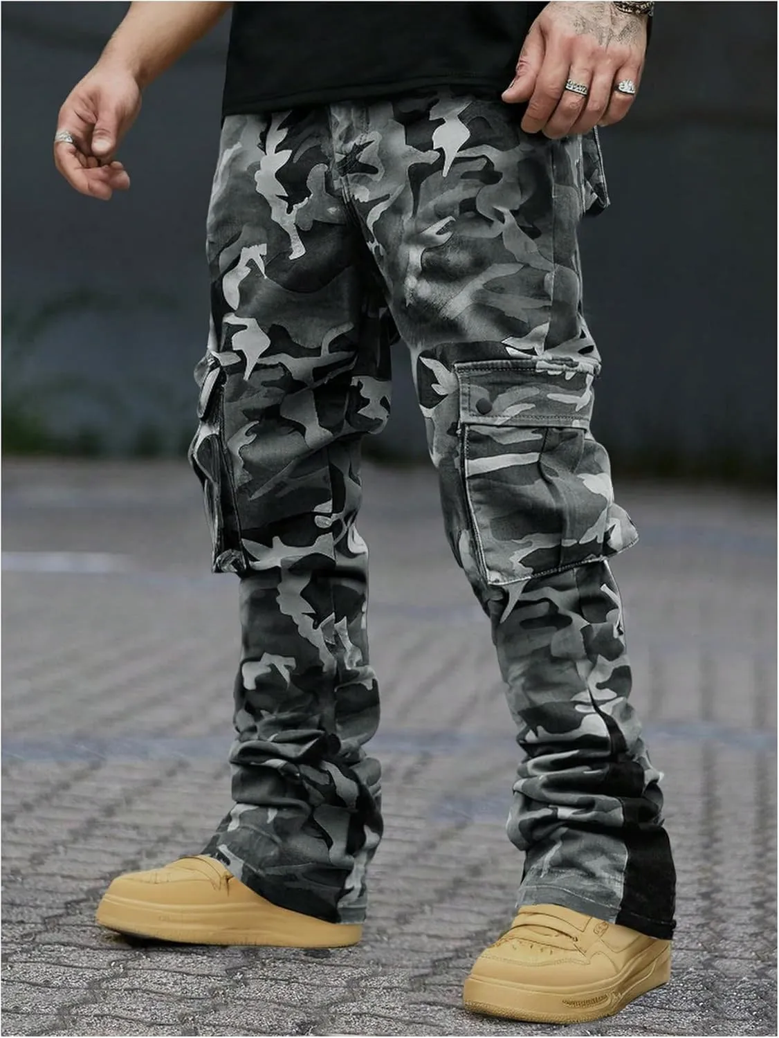 OYOANGLE Men's Camo Print Drawstring Waist Casual Baggy Cargo Pants Streetwear with Pocket