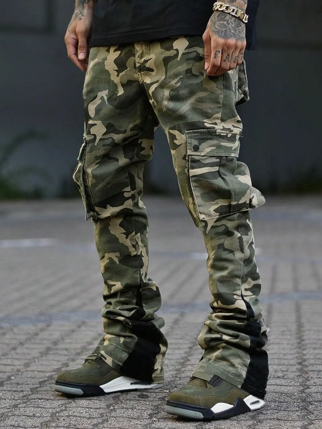 OYOANGLE Men's Camo Print Drawstring Waist Casual Baggy Cargo Pants Streetwear with Pocket