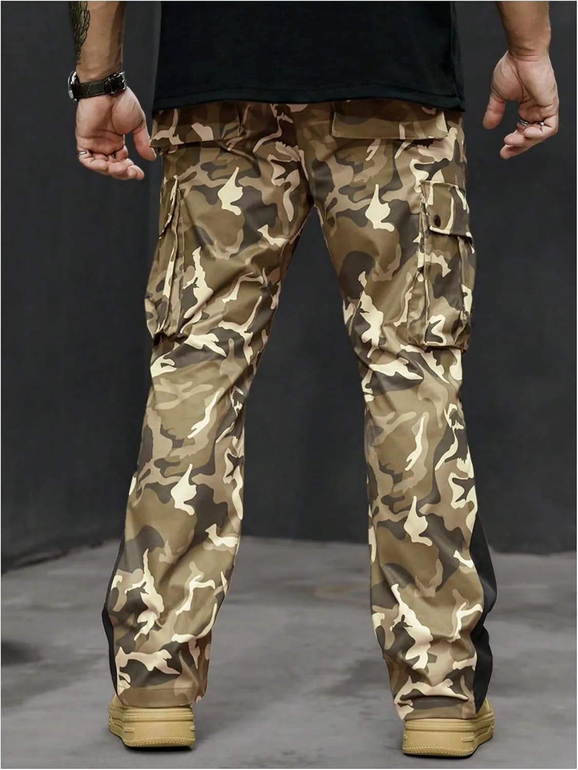 OYOANGLE Men's Camo Print Drawstring Waist Casual Baggy Cargo Pants Streetwear with Pocket