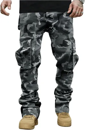 OYOANGLE Men's Camo Print Drawstring Waist Casual Baggy Cargo Pants Streetwear with Pocket