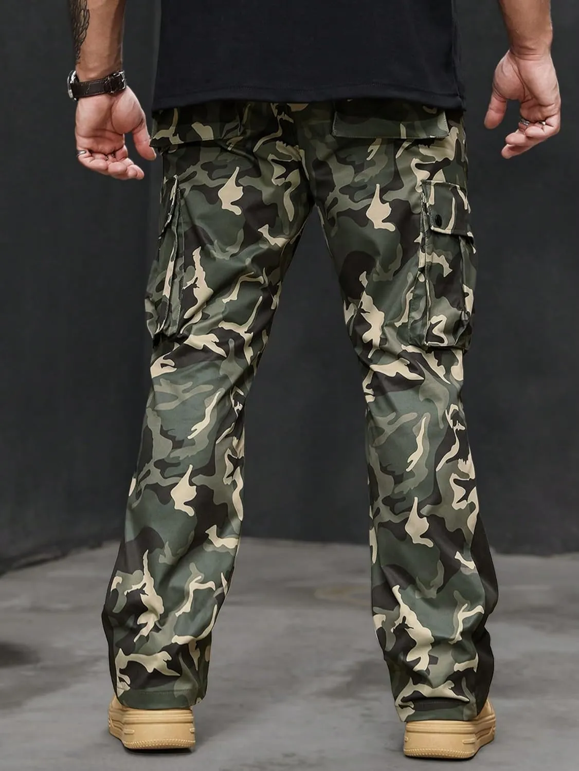 OYOANGLE Men's Camo Print Drawstring Waist Casual Baggy Cargo Pants Streetwear with Pocket
