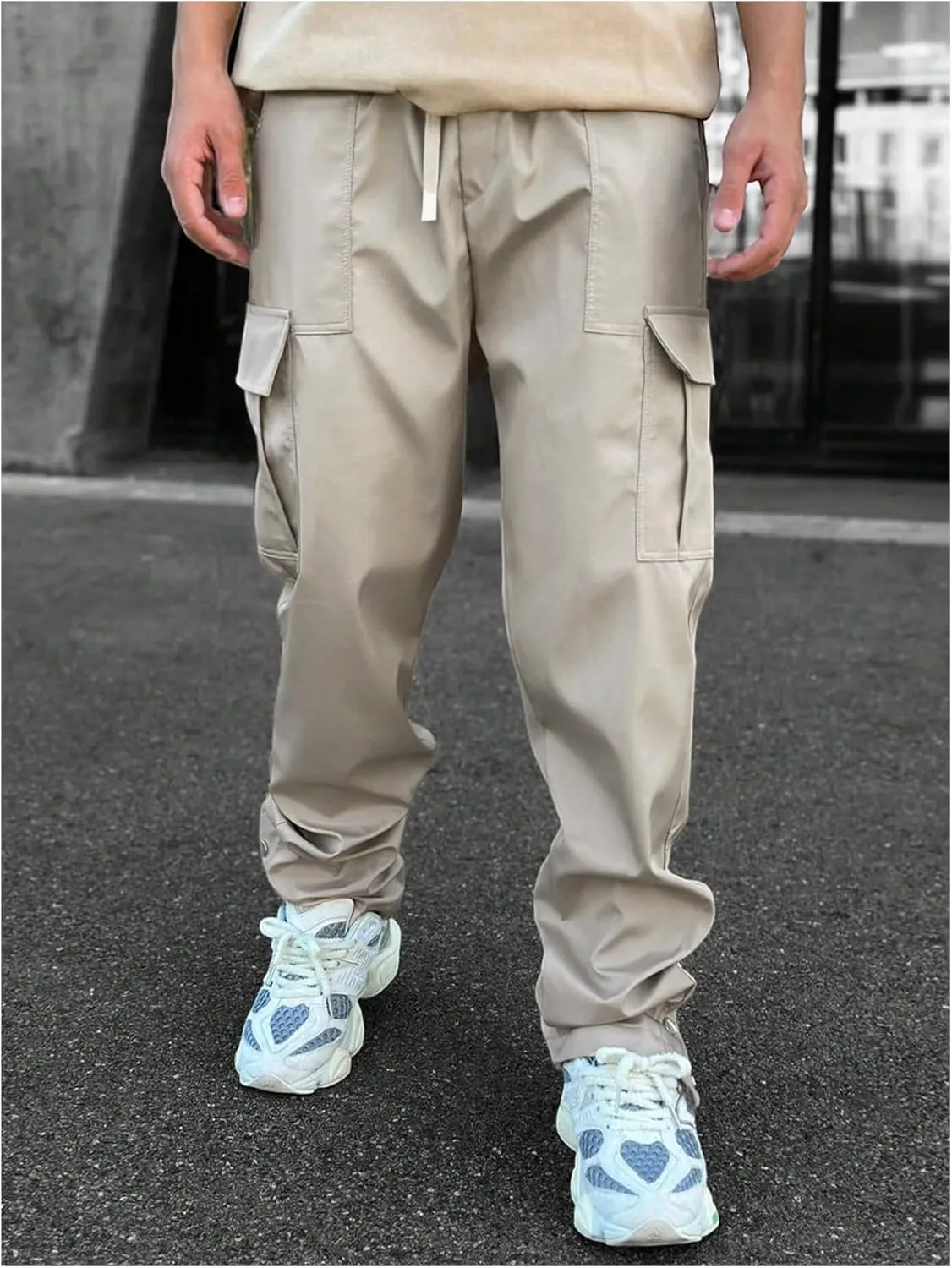 OYOANGLE Men's Drawstring Elastic Waisted Cargo Pants Solid Casual Trousers with Multi Pockets Streetwear