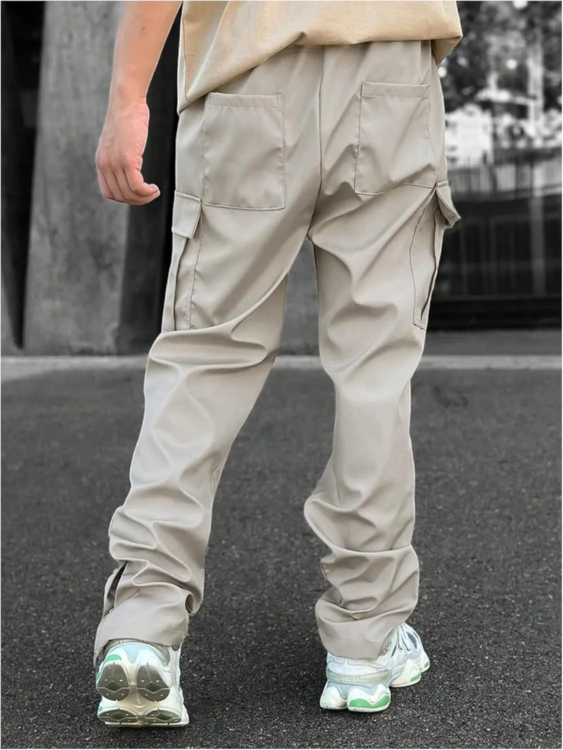OYOANGLE Men's Drawstring Elastic Waisted Cargo Pants Solid Casual Trousers with Multi Pockets Streetwear