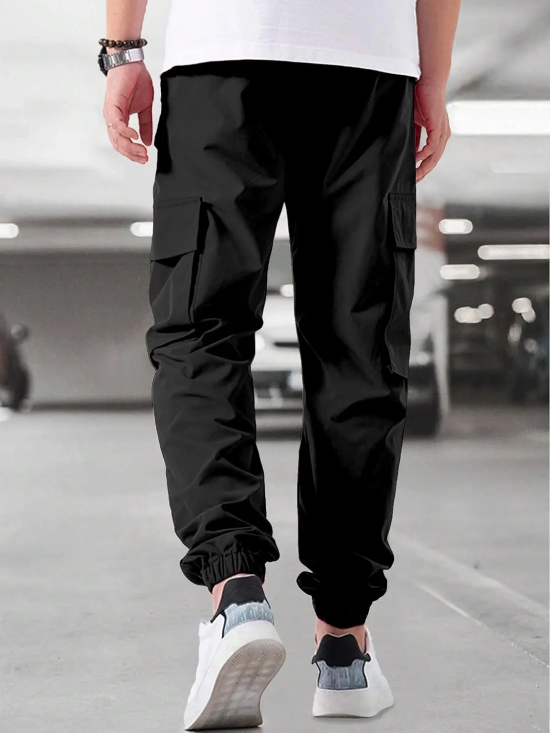 OYOANGLE Men's Drawstring Waist Flap Pocket Jogger Cargo Pants Streetwear Long Trousers with Pocket