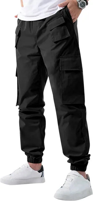 OYOANGLE Men's Drawstring Waist Flap Pocket Jogger Cargo Pants Streetwear Long Trousers with Pocket
