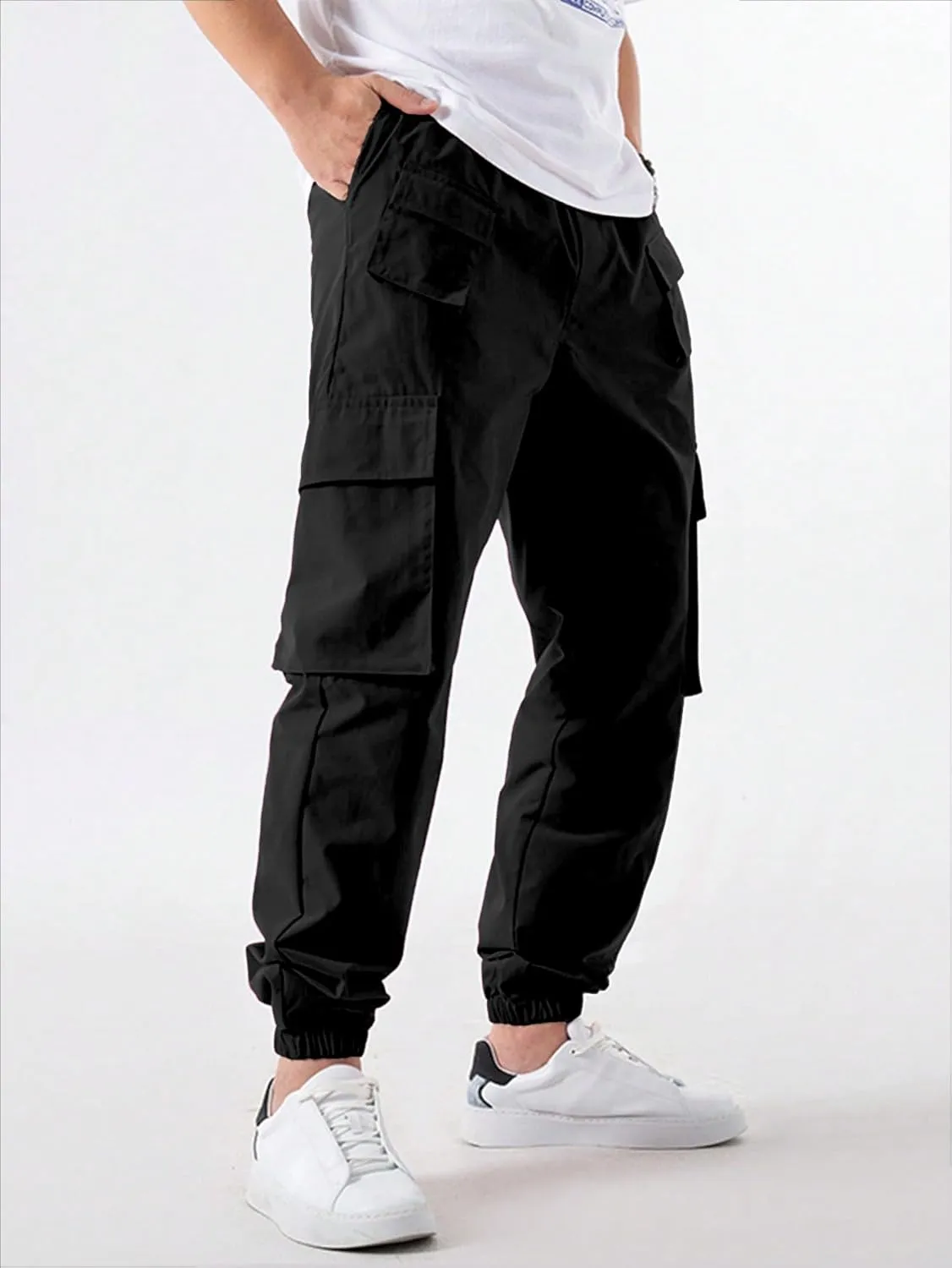 OYOANGLE Men's Drawstring Waist Flap Pocket Jogger Cargo Pants Streetwear Long Trousers with Pocket