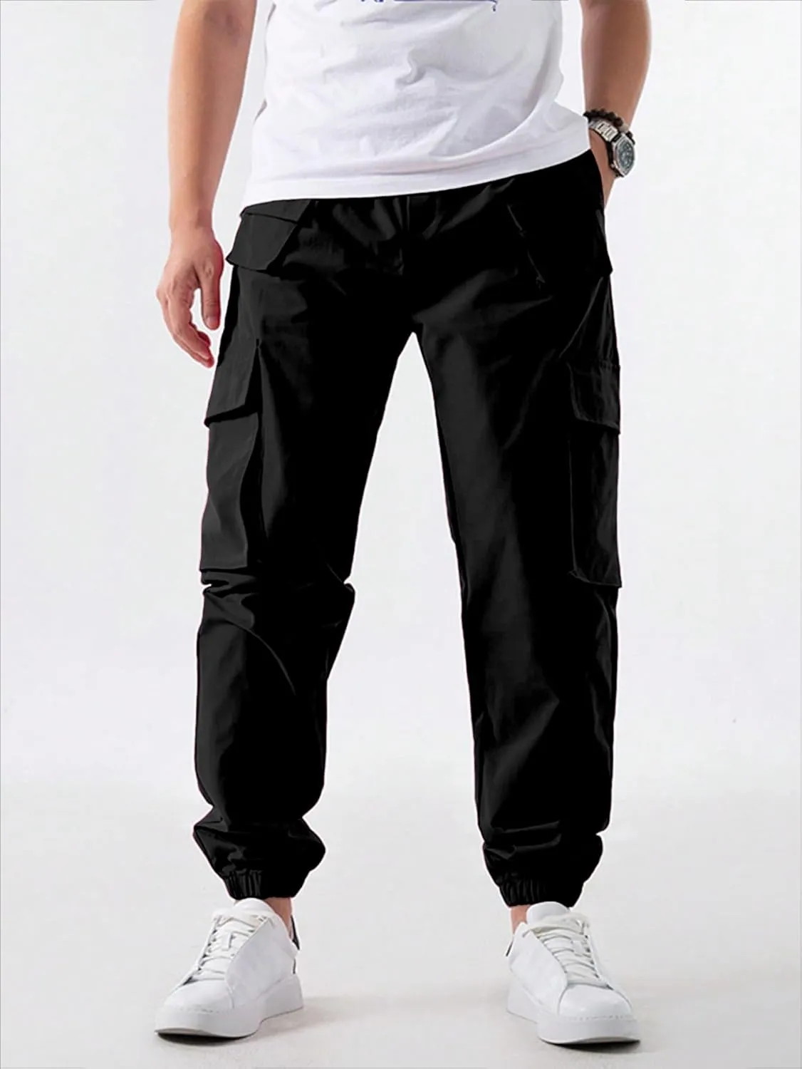 OYOANGLE Men's Drawstring Waist Flap Pocket Jogger Cargo Pants Streetwear Long Trousers with Pocket
