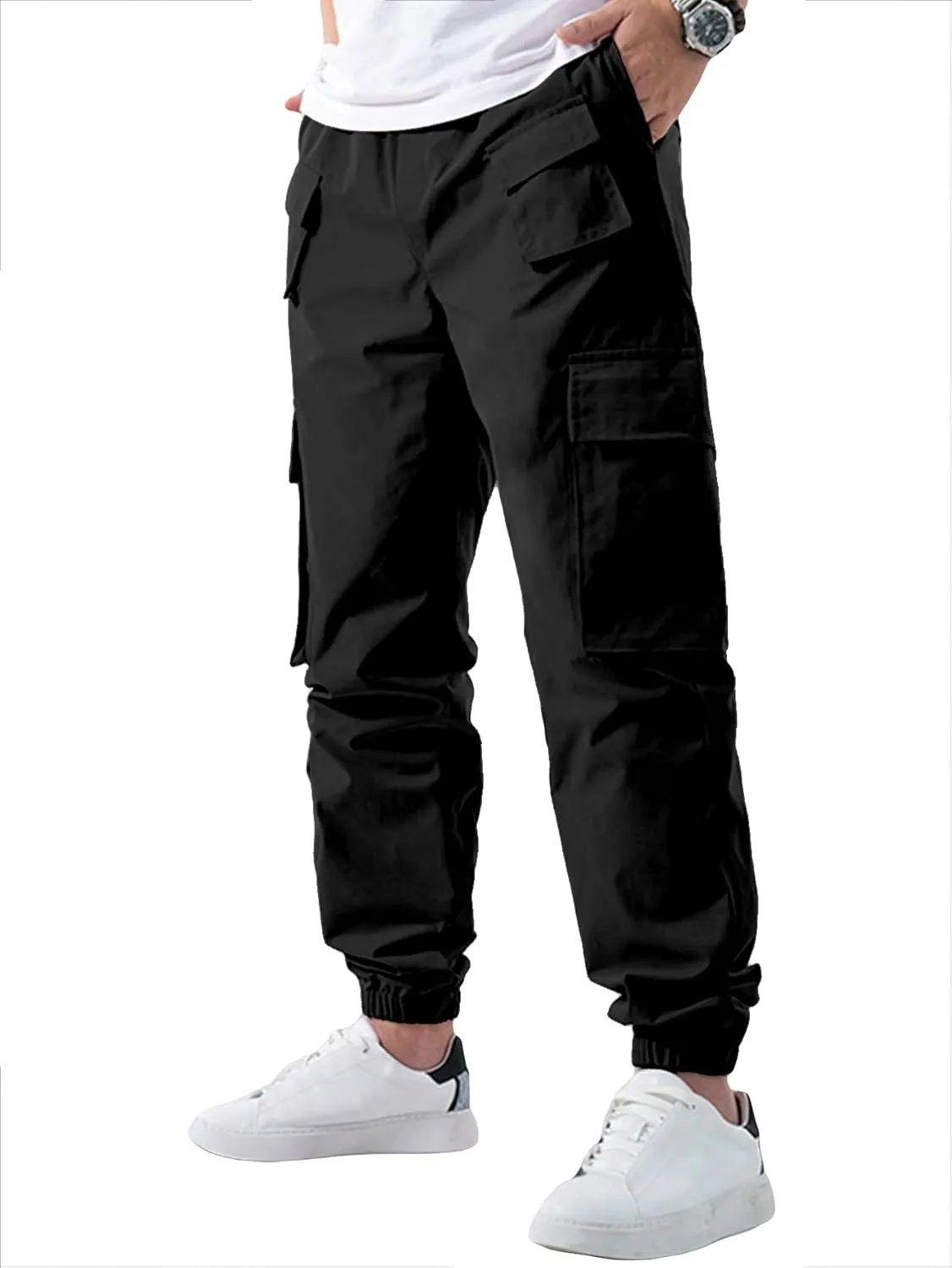 OYOANGLE Men's Drawstring Waist Flap Pocket Jogger Cargo Pants Streetwear Long Trousers with Pocket