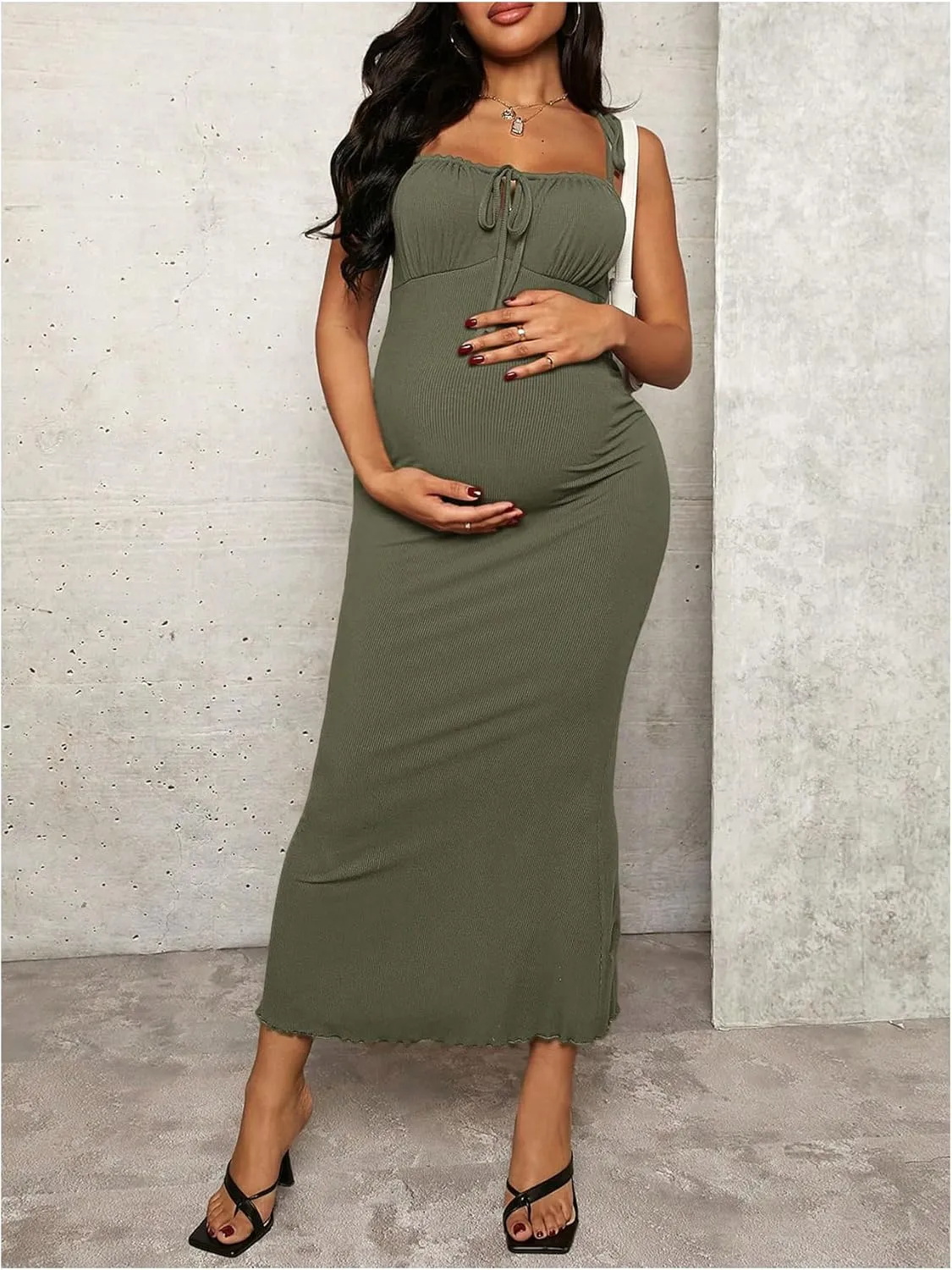 OYOANGLE Women's Maternity Drawstring Front Cami Dress Ribbed Knit Bodycon Midi Dresses