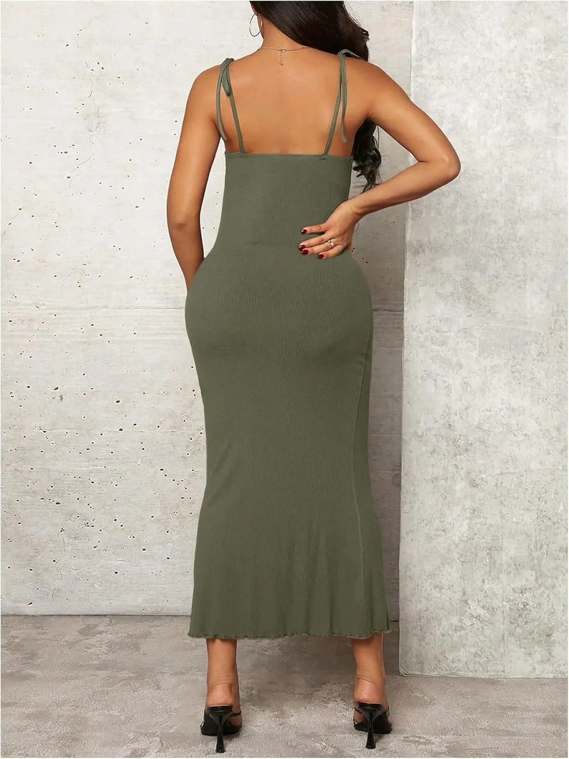 OYOANGLE Women's Maternity Drawstring Front Cami Dress Ribbed Knit Bodycon Midi Dresses