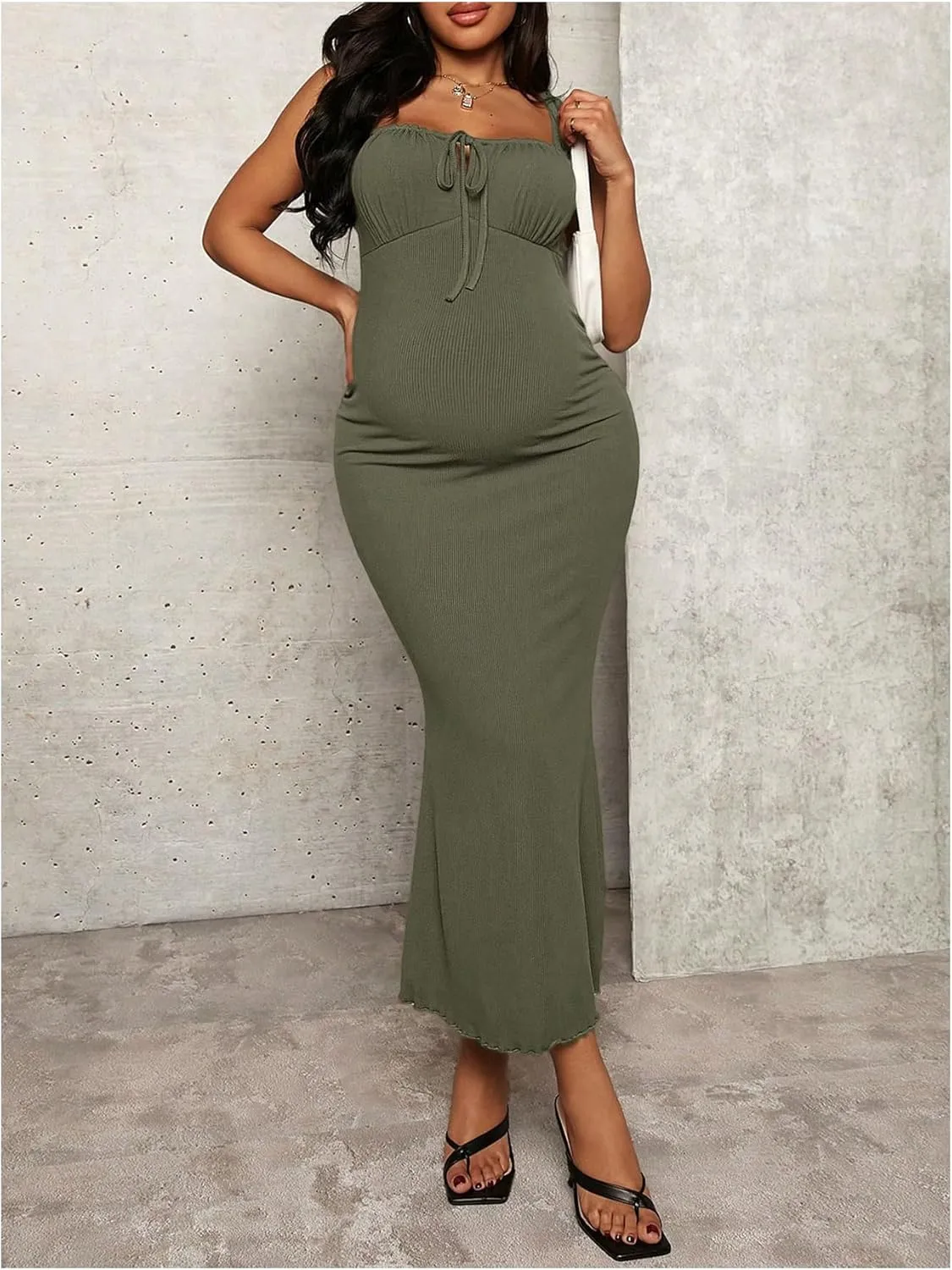 OYOANGLE Women's Maternity Drawstring Front Cami Dress Ribbed Knit Bodycon Midi Dresses