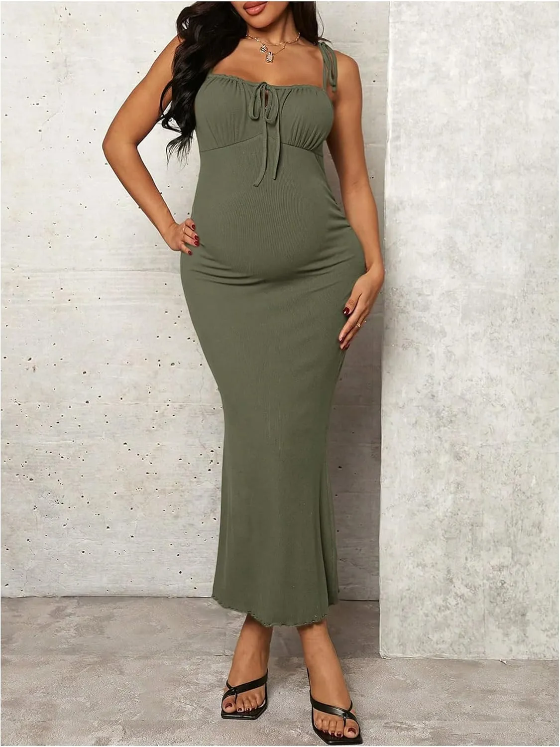 OYOANGLE Women's Maternity Drawstring Front Cami Dress Ribbed Knit Bodycon Midi Dresses
