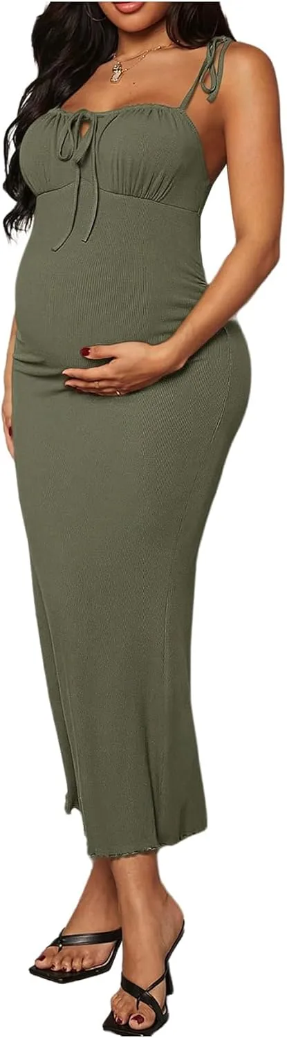 OYOANGLE Women's Maternity Drawstring Front Cami Dress Ribbed Knit Bodycon Midi Dresses