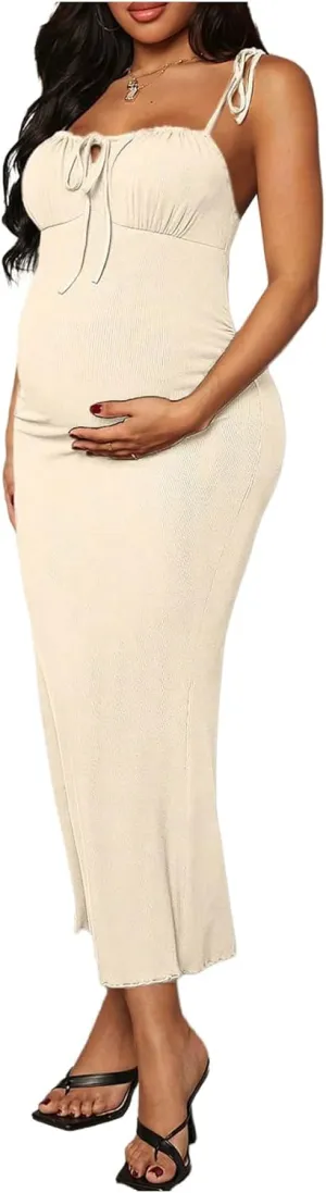 OYOANGLE Women's Maternity Drawstring Front Cami Dress Ribbed Knit Bodycon Midi Dresses