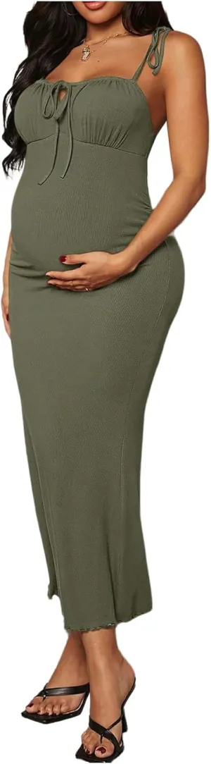 OYOANGLE Women's Maternity Drawstring Front Cami Dress Ribbed Knit Bodycon Midi Dresses