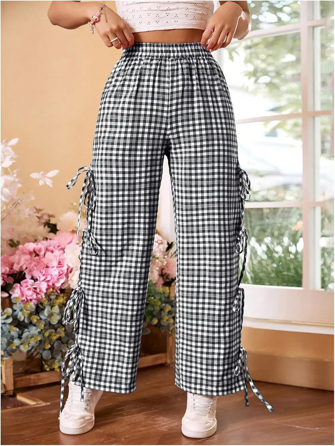 OYOANGLE Women's Plaid Print Tie Side Casual Pants High Elastic Waist Straight Leg Trousers