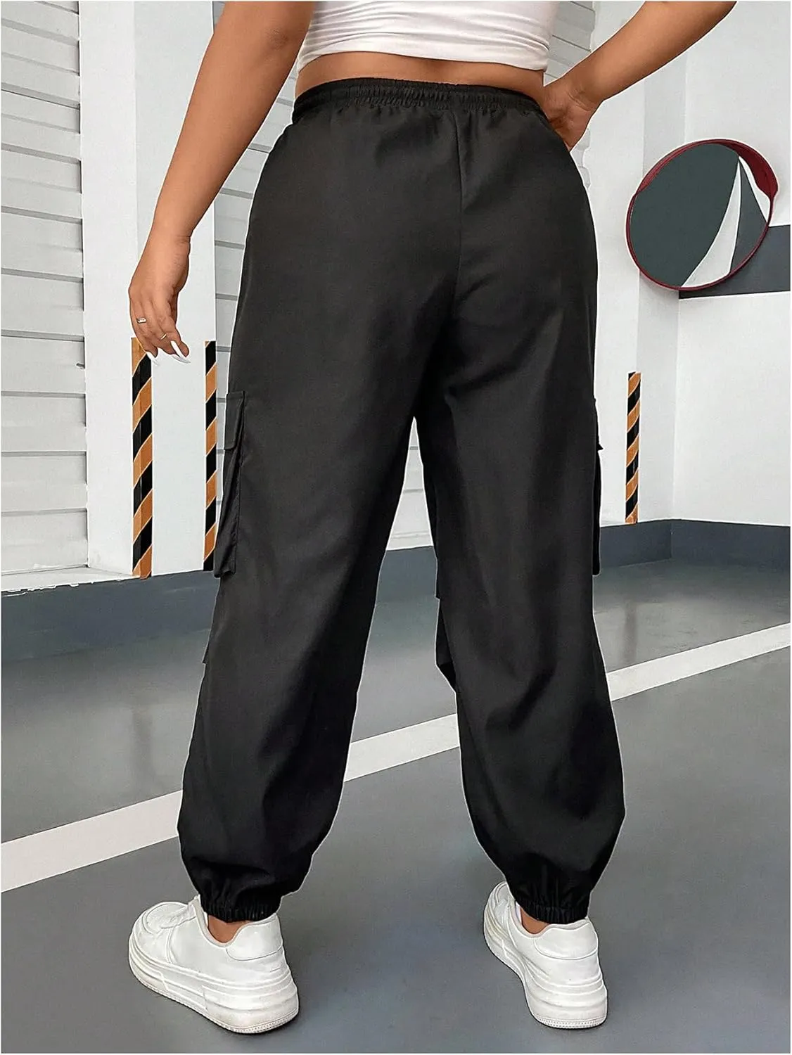 OYOANGLE Women's Plus Size Cargo Pants Drawstring High Waisted Joggers Flap Pocket Long Trousers Streetwear