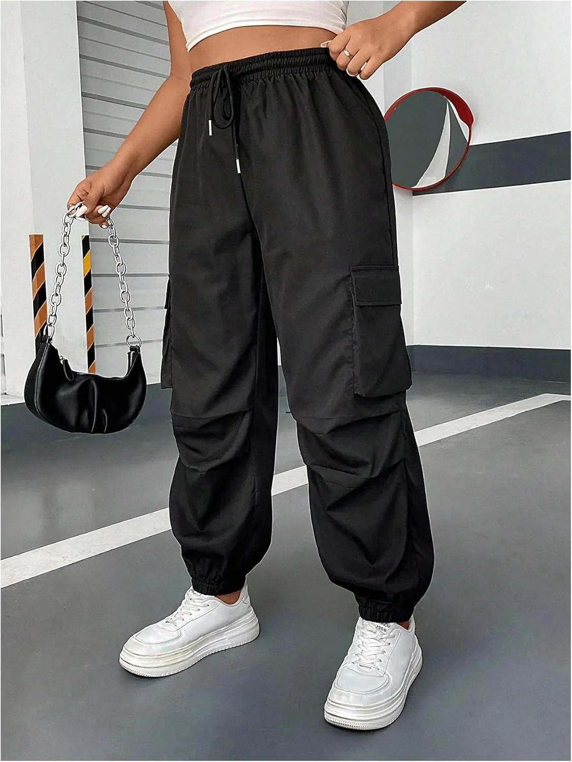 OYOANGLE Women's Plus Size Cargo Pants Drawstring High Waisted Joggers Flap Pocket Long Trousers Streetwear