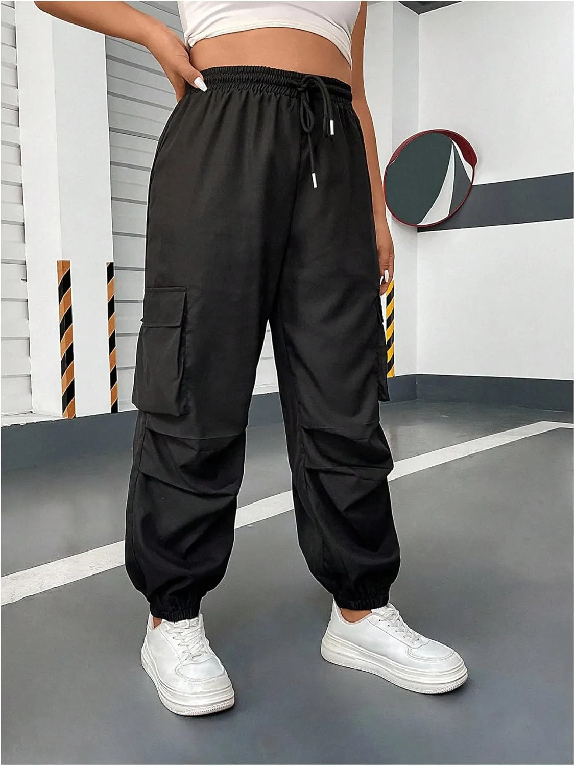 OYOANGLE Women's Plus Size Cargo Pants Drawstring High Waisted Joggers Flap Pocket Long Trousers Streetwear