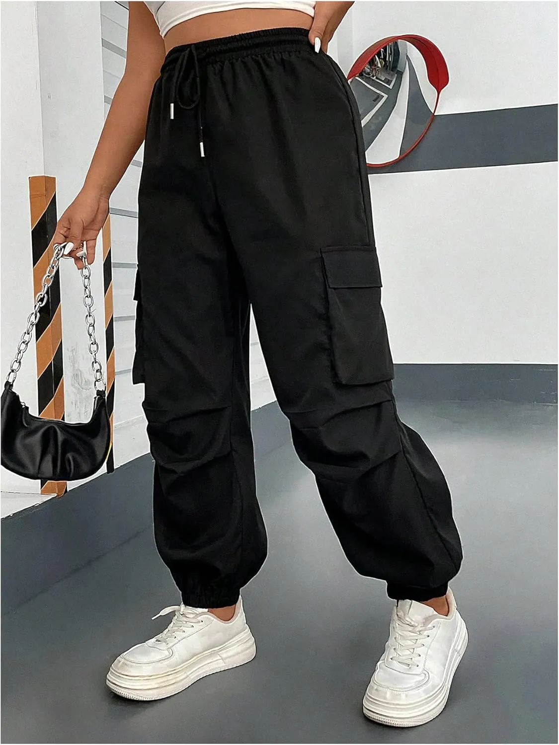 OYOANGLE Women's Plus Size Cargo Pants Drawstring High Waisted Joggers Flap Pocket Long Trousers Streetwear